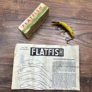Vintage HELIN FLATFISH T4 Frog 3.5" 3 Gang Hook Fishing Lure w/Box & Instruction